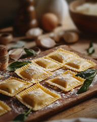 handcrafted ravioli on a wooden cutting board, sprinkled with flour in a rustic kitchen