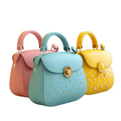 An image showcasing three small pastel-colored handbags with gold accents arranged together.