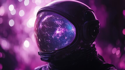 Naklejka premium Futuristic Astronaut Helmet with Cosmic Reflection in Vibrant Purple and Pink Light