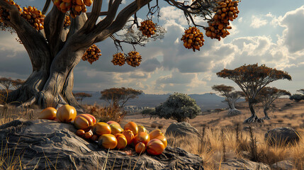 Natural Baobab Oil and Fresh Baobab Fruits Set Against the Stunning African Savannah Landscape
