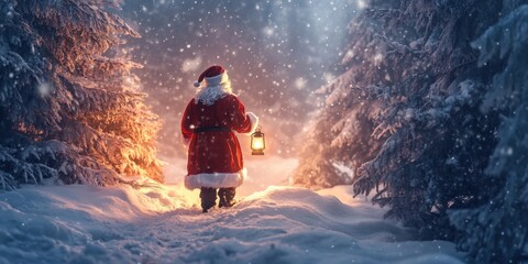 Santa Claus walking through a snowy forest, with a lantern glowing in his hand and pine trees covered in snow
