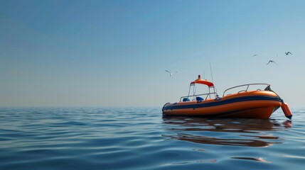 Rescue Boat with Life Buoy on Calm Blue Sea with Distant Horizon and Seagulls