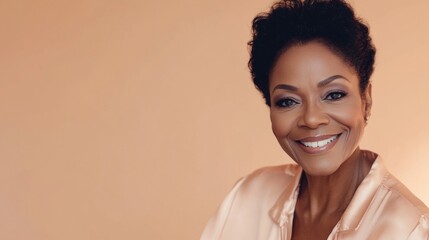 portrait of a smiling 60 year old dark-skinned beautiful woman with natural makeup in a silk robe on a beige background, beauty and skin care concept,  anti age