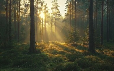 Fototapeta premium Spring Forest Landscape with Tall Pine Trees at Sunrise, AI generated illustration