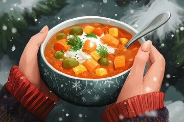 Vegan Comfort Food for Winter. A cozy scene with warm vegan comfort foods, such as a bowl of vegetable soup, perfect for wintertime