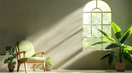 interior design sustainable bohemian concept, A serene corner featuring a green armchair, indoor plants, and sunlight streaming through an elegant window.
