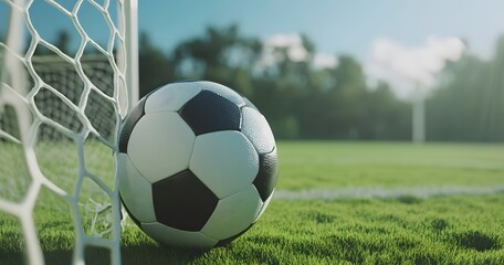 A soccer ball rests near the goal on a vibrant green field, ready for action.
