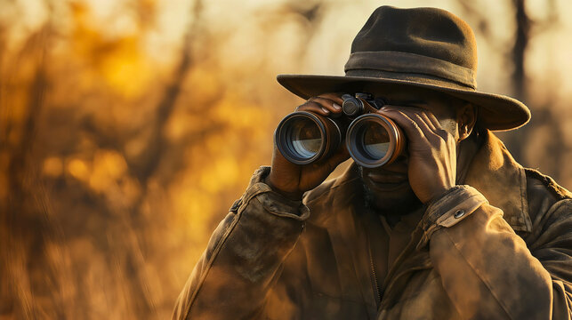Man with binoculars, a male hunter or bird watcher on a safari adventure, exploring nature and holding a lens for discovery and travel pursuits