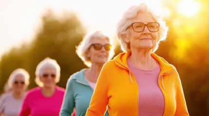 A group of active older women walking outdoors, showcasing vitality and the joy of fitness in a sunny setting.