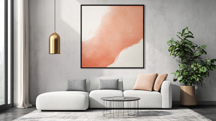 modern style interior room 3d illustration Interior design with sofa, table, chairs and colorful painted frame on the wall of the room, dining room with table and sofa and painting on wall.