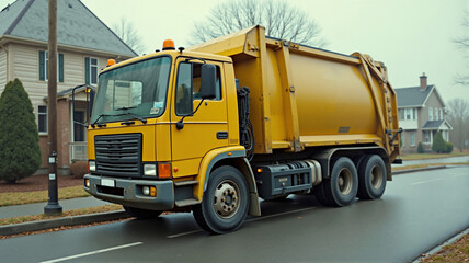 Naklejka premium Yellow garbage truck passing residential houses on suburban street