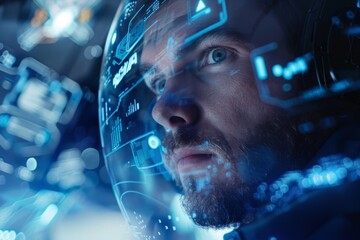 Futuristic view of a focused astronaut inside spacecraft cockpit with digital interfaces and blue holographic screens, space exploration concept