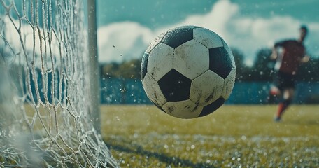 A muddy soccer ball hovers near the goal as a player runs towards it, capturing a dynamic moment in the game.