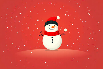 A cartoon snowman with a red hat and scarf stands on a red background. The snowman is smiling and he is enjoying the winter season