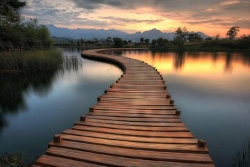 Obraz premium Wooden Bridge Over Calm Sea Water at Sunset, AI generated illustration