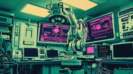 Fototapeta premium Colorful paper cut artwork depicting a futuristic operating room with robotic arms and layered digital monitors showcasing an advanced medical technology workspace of the future