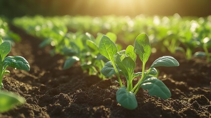 Fresh Green Spinach Seedlings Growing in Rich Soil Under Bright Sunlight at a Vibrant Agricultural Field in Springtime, Representing Sustainable Farming and Healthy Nutrition