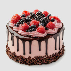Delicious Chocolate Drip Cake Topped with Fresh Raspberries, Blackberries, and Blueberries on a Neutral Background – Perfect for Celebrations and Desserts