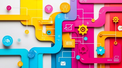 Colorful paper cut representation of an automated marketing pipeline visualized with layered arrows charts and gears depicting the digital technology workflow and business optimization processes