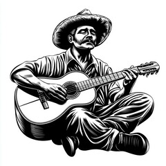 Naklejka premium A classic black and white line art of a Mexican man playing a guitar, featuring intricate vintage detailing and a clean design