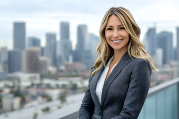 Fototapeta premium Successful Real Estate Agent with Urban Skyline Background blue background 