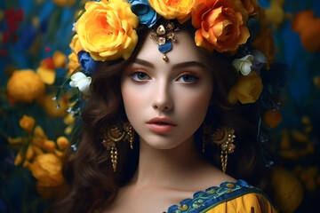 Fototapeta premium Closeup portrait of beautiful Ukrainian woman with a flower wreath or shawl on her head in yellow blue colors