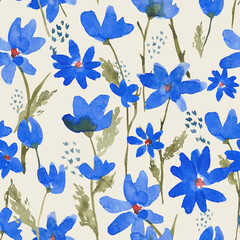 Blue flower watercolor seamless pattern. Abstract flower blooming design.
