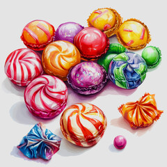 Obraz premium Colorful Assortment of Lollipops and Confectionery on a Gray Background, Featuring Swirls and Bright Colors, Perfect for Sweet Treats and Candy Lovers