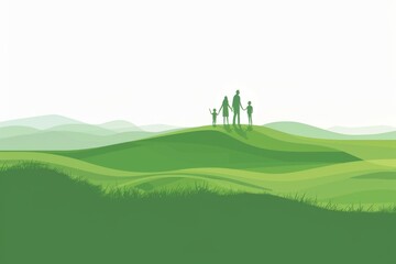 Obraz premium Family walking together on green hills landscape under bright sky, unity and nature in harmony, silhouette outdoors concept