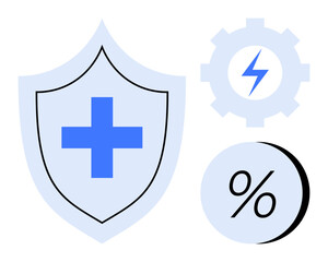 Fototapeta premium Shield with blue medical cross, gear with lightning bolt and percentage symbol. Ideal for healthcare, protection, efficiency, energy, finance, insurance, and data analysis themes. Line metaphor