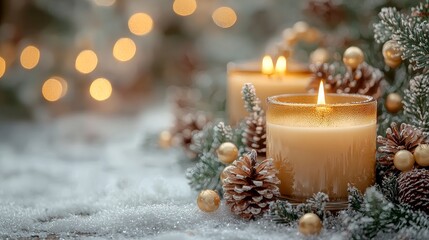 Festive candles surrounded by pine cones and holiday decorations