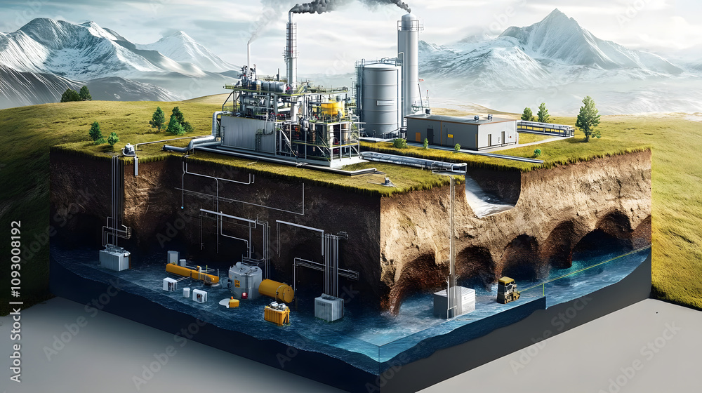 Wall mural A diagram of carbon dioxide storage solutions, including geological sequestration and utilization technologies