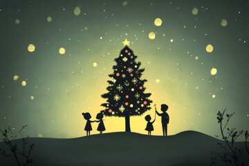 Obraz premium A group of children are gathered around a Christmas tree, with one of them holding a star. The scene is set in a snowy landscape, with the children dressed in winter clothing