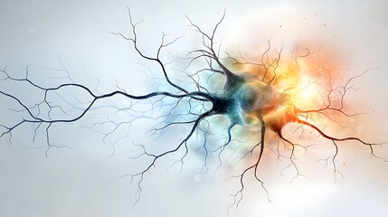 The watercolor illustration showcases the intricate and vibrant details of an abstract neural cell, with its web like network of dendrites and axons branching out in all directions