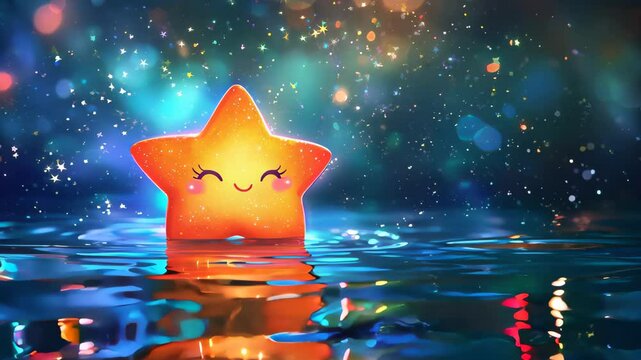 Illustration lullaby story, Cute star character surrounded by colorful sparkles in cheerful water.