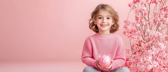 Fototapeta premium Cheerful child holding a piggy bank surrounded by pink flowers, symbolizing savings and joy.