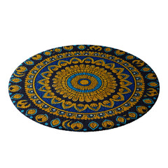 A blue and gold rug with a pattern of flowers and leaves