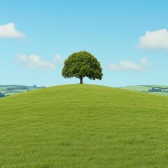 Fototapeta premium Solitary tree on a green hill under a blue sky.