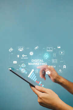 Digital marketing business analytics technology concept. Website adertisement social media network, SEO, SEM video and mobile application icons for strategy.