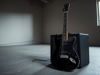 Naklejka premium Black electric guitar resting beside an amplifier in an empty room with soft natural light