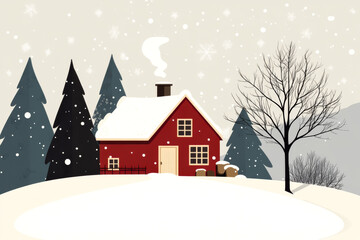 A red house with a chimney and a snow covered landscape. The house is surrounded by trees and the snow is falling