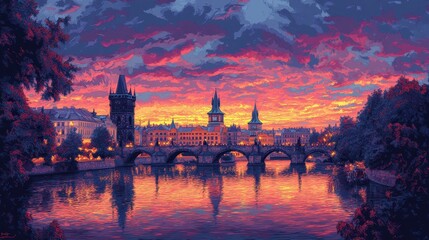 Naklejka premium Stunning Sunset Over Historic Charles Bridge in Prague with Vibrant Sky Reflections on Vltava River