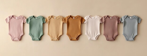 Minimalist Set of Short-Sleeved Baby Bodysuits in Various Colors and Sizes on Beige Background