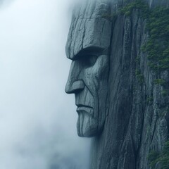 Stone face carved into a mountainside, shrouded in mist.