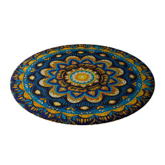 A blue and yellow flower patterned rug sits on a white background