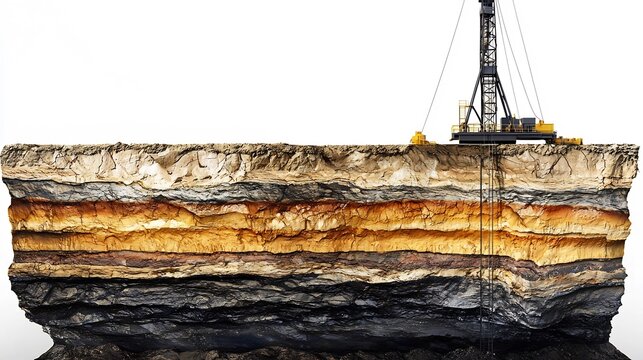 Detailed cross section showcasing the complex layers of earth subsurface structures and drilling mechanisms involved in the oil well extraction process