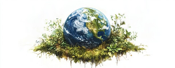 Earth on Moss-Covered Background with Sprouting Plants. AI generated illustration