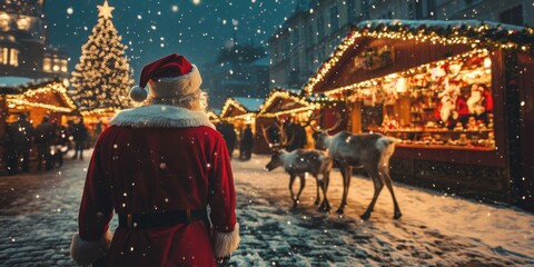 A whimsical scene of Santa Claus with his reindeer in front of a Christmas market with warm festive lights