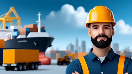 Fototapeta premium Detailed flat design showcasing a bustling port scene with cargo containers cranes and ships representing the efficiency and technological advancements in the modern logistics industry