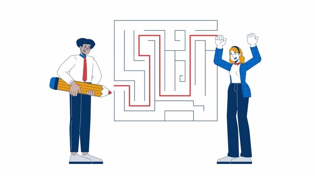 Business problems solving 2D animation. Build roadmap for project 4K video motion graphic. Happy diverse coworkers finding way out of maze animated characters cartoon flat concept, white background